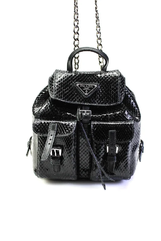 Prada Womens Vela Mini Snakeskin Backpack Chain Crossbody Handbag Black