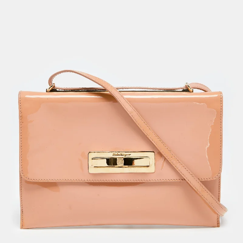 Salvatore Ferragamo Peach Patent Leather Metal Bow Flap Shoulder Bag