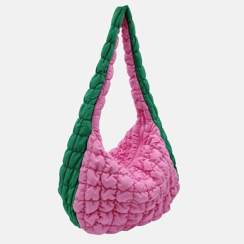 Women's Quilted Puffer Shoulder Crossbody Cloud Bag In Pink-Green