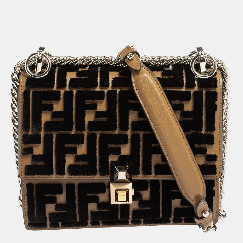 Fendi  Leather And Velvet Small Kan I Chain Shoulder Bag