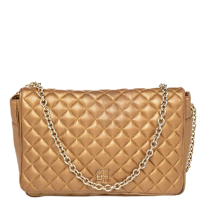 Carolina Herrera Metallic Gold Quilted Leather Chain Flap Shoulder Bag