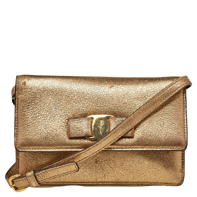 Salvatore Ferragamo Gold Leather Vara Bow Shoulder Bag