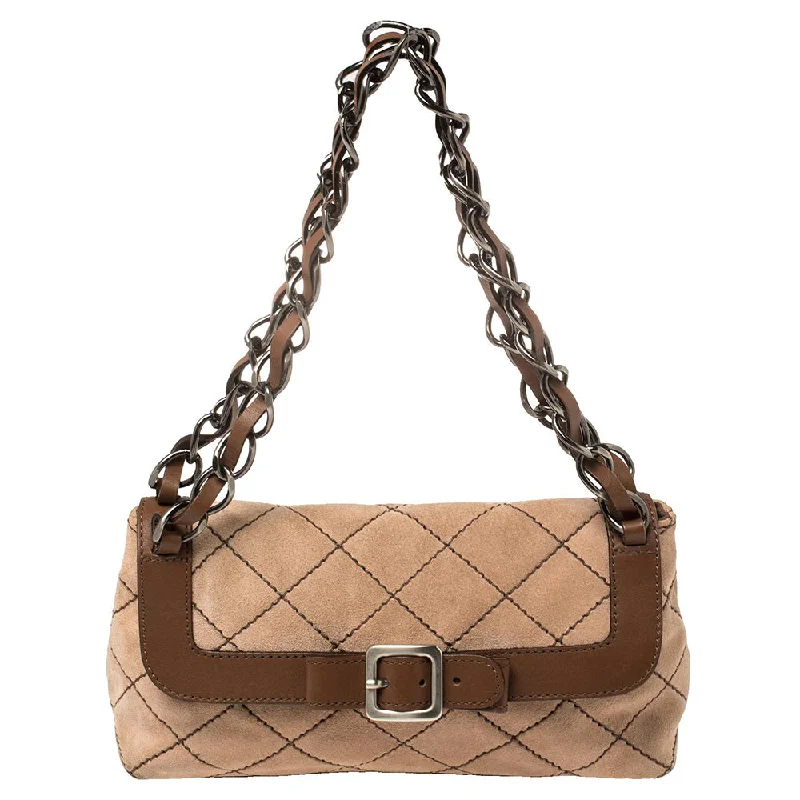 Moschino Beige/brown Suede And Leather Buckle Flap Shoulder Bag