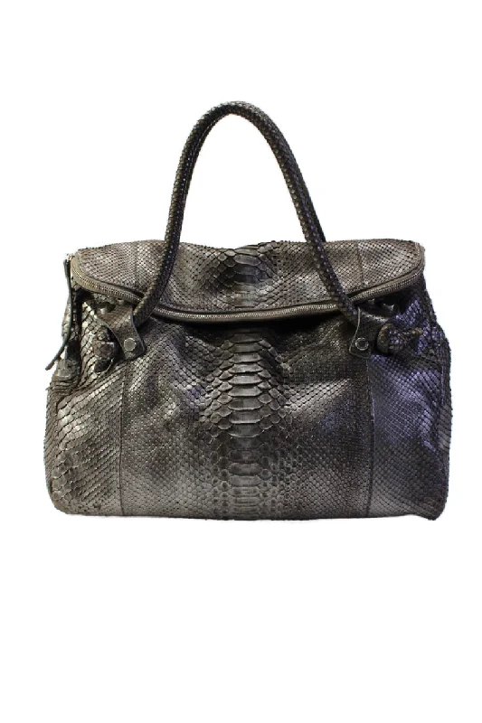 Ambrosi A Brianna Womens Metallic Gray Python Large Shoulder Handbag