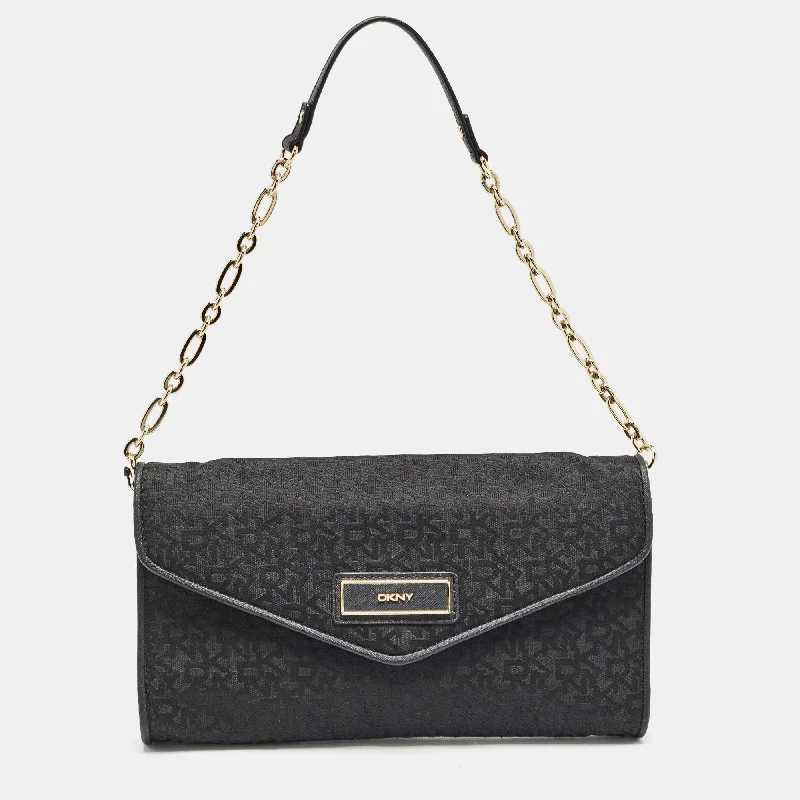 Dkny Black Monogram Canvas And Leather Envelope Flap Shoulder Bag