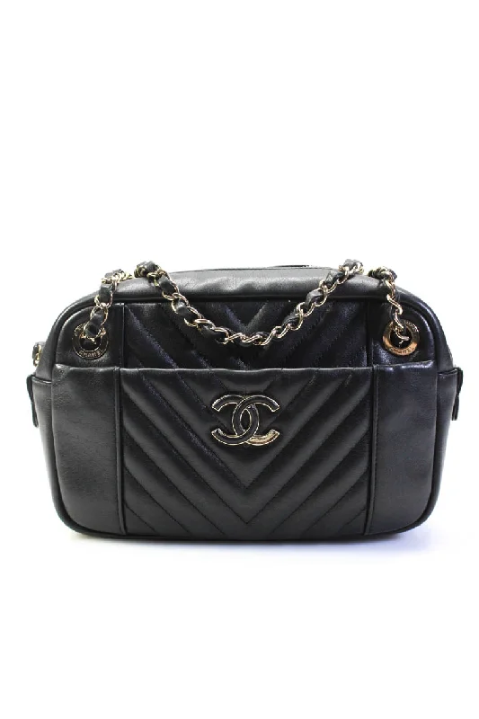 Chanel Womens Zip Top CC Leather Chevron Daily Camera Case Bag Handbag Black