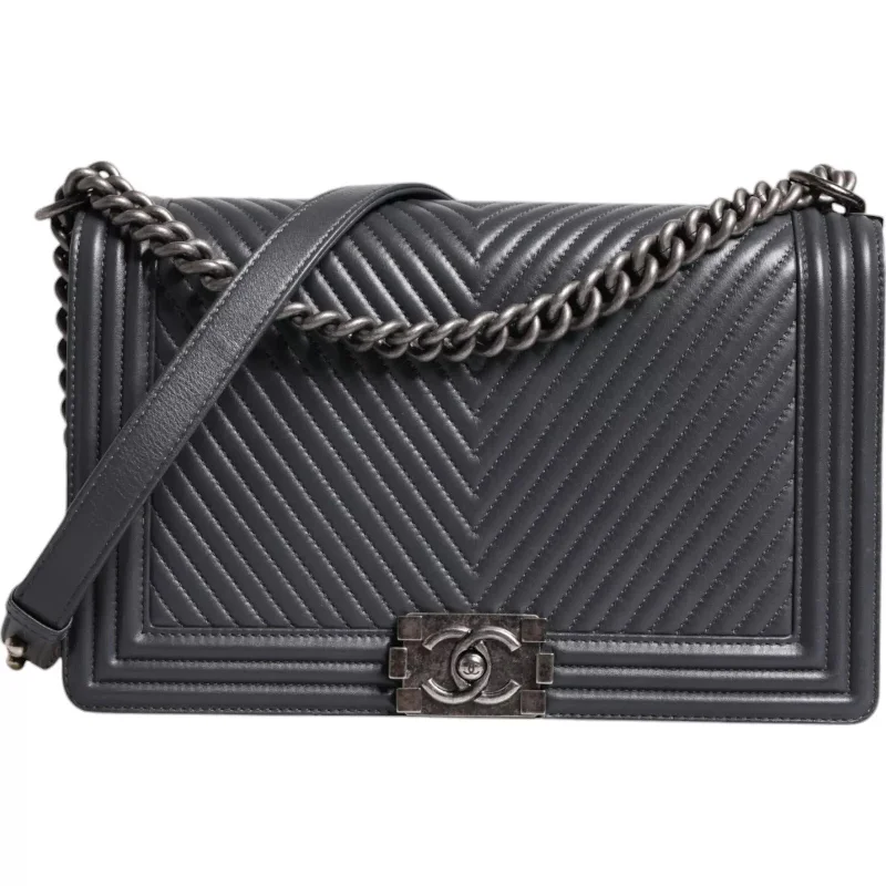 Chanel  Large Lambskin Chevron Double Chain Shoulder  Leather Women's Bag