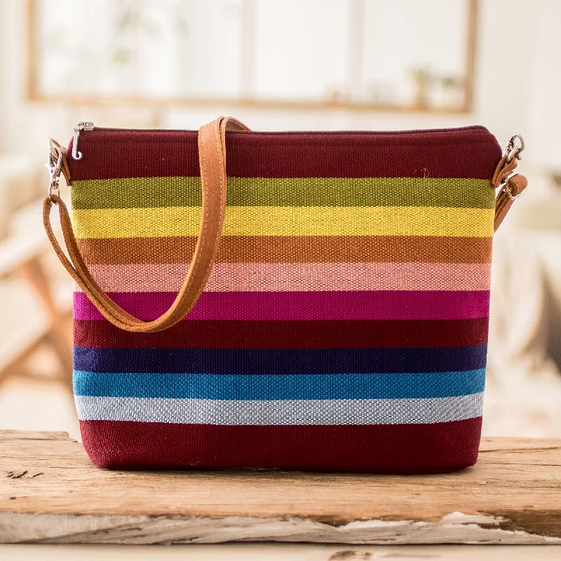 Handwoven Striped Cotton Shoulder Bag with Leather Straps - Pura Vida