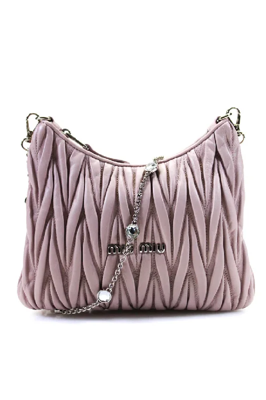 Miu Miu Womens Pleated Matelasse Chain Crossbody Handbag Light Pink Leather