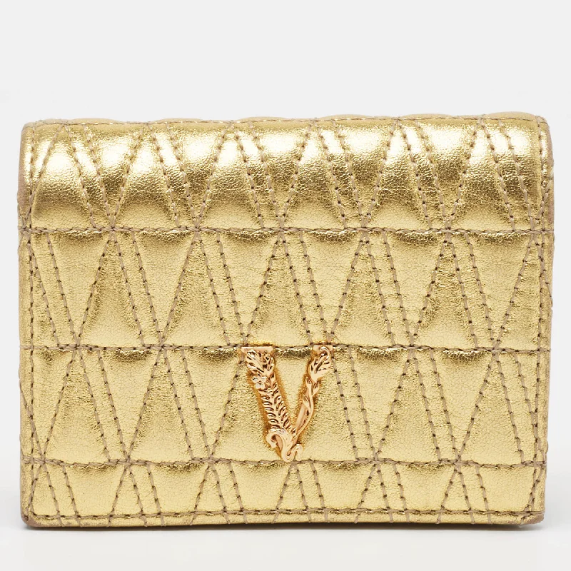 Versace Gold Quilted Leather Virtus Flap Card Case