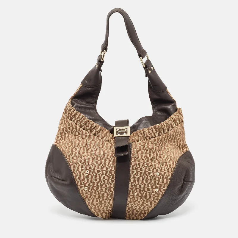 Aigner Brown/beige Monogram Canvas And  Leather Logo Flap Hobo