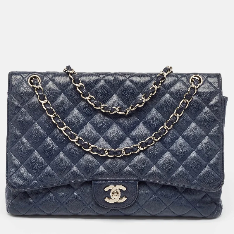 Chanel Navy Blue Quilted Caviar Leather Maxi Classic Single Flap Bag..