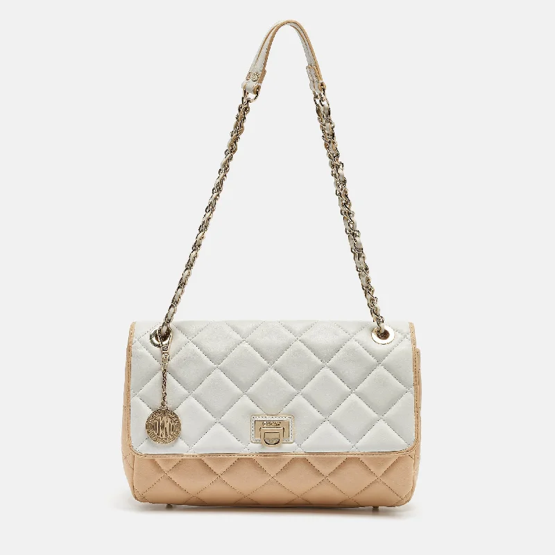 Dkny Beige/white Quilted Leather Flap Bag