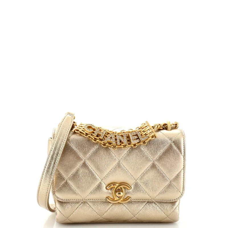 Crystal Logo Letters Chain Handle Flap Bag Quilted Lambskin Mini