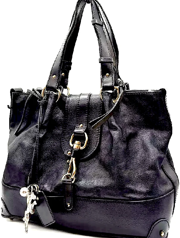 CHLOE PARIS. Black Leather Shoulder Bag / Tote Bag Handbag With Horse & Horseshoe Charms