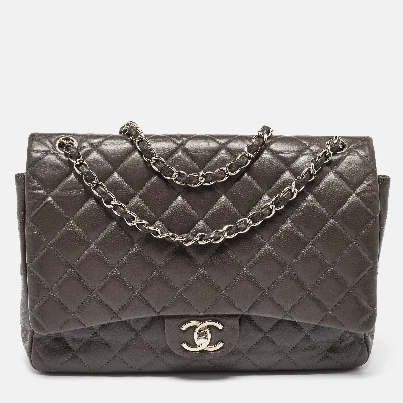 Chanel Grey Quilted Caviar Leather Maxi Classic Double Flap Bag..