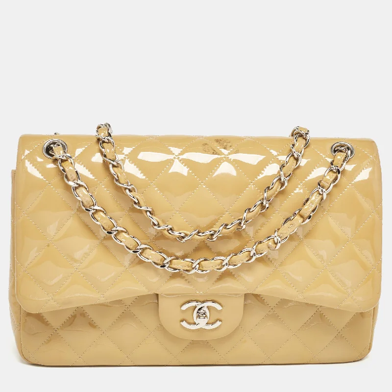 Chanel Cream Quilted Patent Leather Jumbo Classic Double Flap Bag..