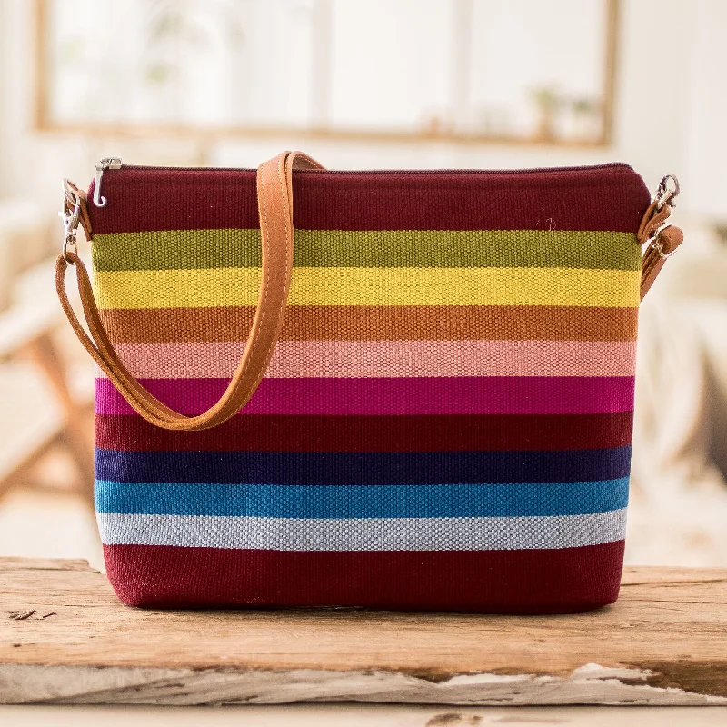 Handwoven Striped Cotton Shoulder Bag with Leather Straps - Silhouettes of Color