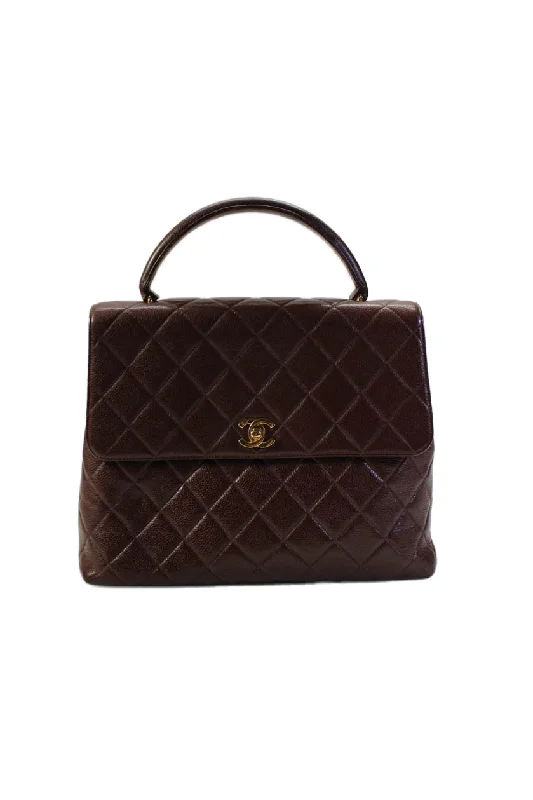 Chanel Womens Quilted Caviar Leather CC Turnlock Kelly Top Handle Handbag Brown