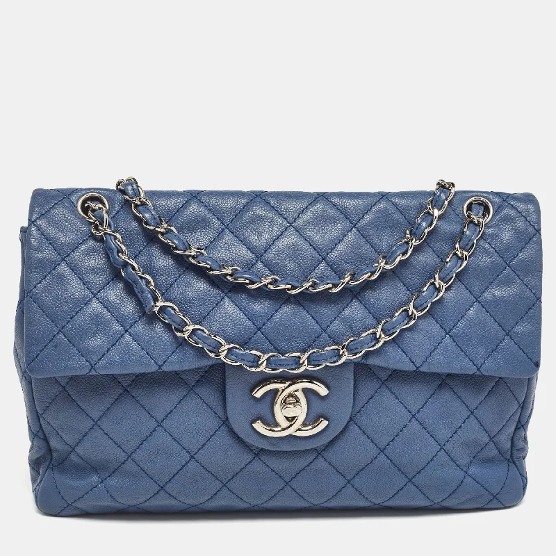 Chanel Blue Quilted Caviar Leather Maxi Classic Single Flap Bag..