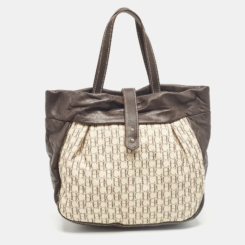 Carolina Herrera Dark Brown/off White Monogram Canvas And Leather Flap Hobo