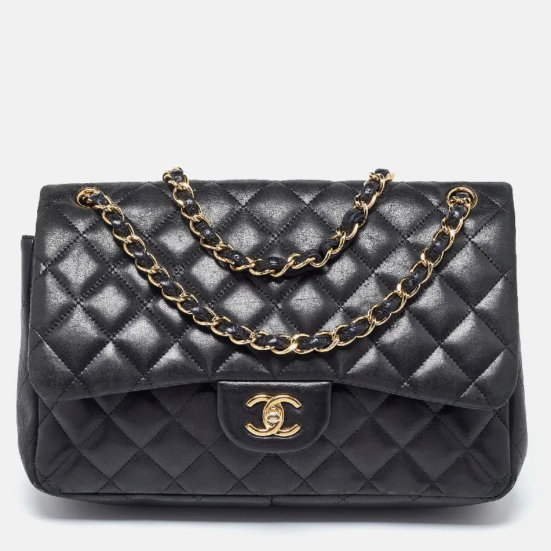 Chanel Black Quilted Leather Jumbo Classic Double Flap Bag..