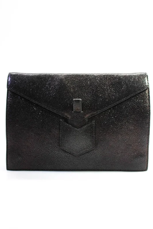 Yves Saint Laurent Womens Leather Flap Envelope Clutch Handbag Black