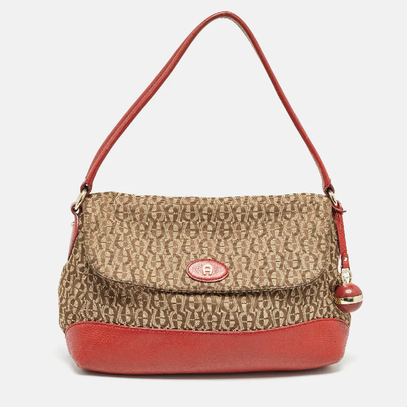 Aigner Beige/red Signature Canvas And Leather Logo Flap Shoulder Bag