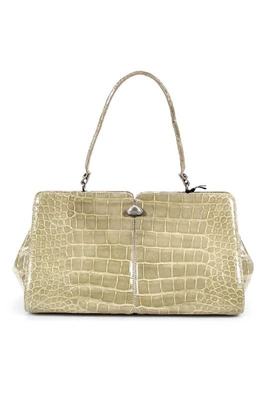 Tardini Alligator Embossed Silver Tone Shoulder Satchel Bag Green