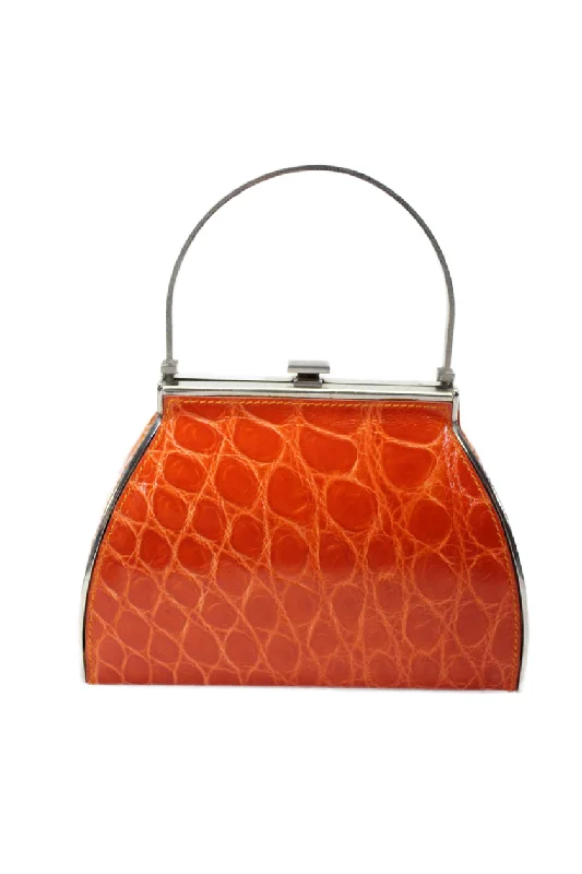 Tardini Womens American Alligator Clasp Lock Frame Top Handle Handbag Orange