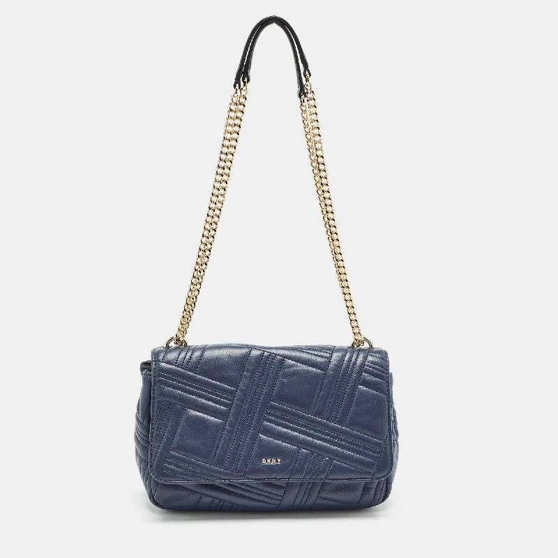 Dkny Navy Blue Quilted Leather Allen Flap Shoulder Bag