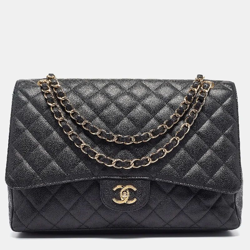 Chanel Black Quilted Caviar Leather Maxi Classic Single Flap Bag..