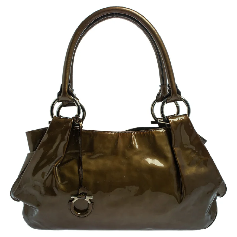 Salvatore Ferragamo Olive Patent Leather Shoulder Bag