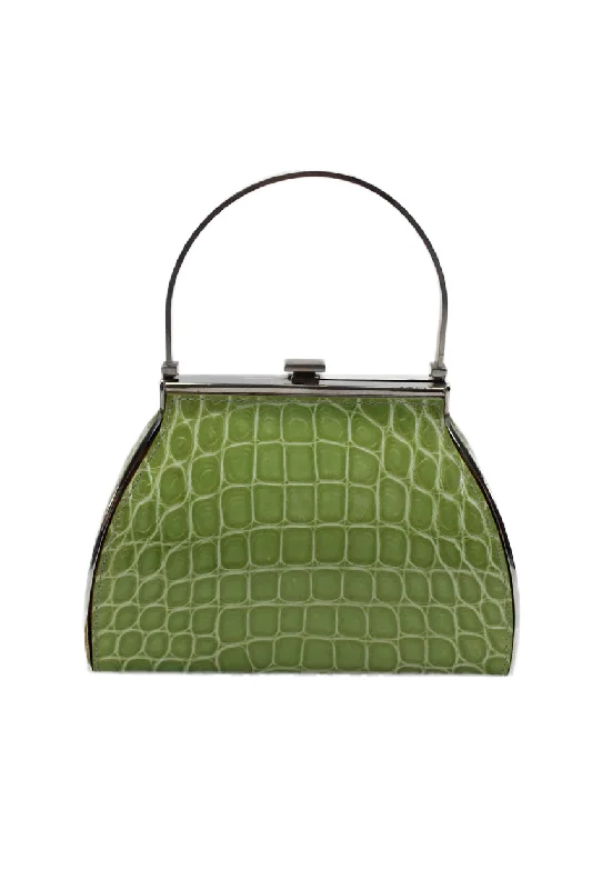 Tardini Womens American Alligator Clasp Lock Frame Top Handle Handbag Green