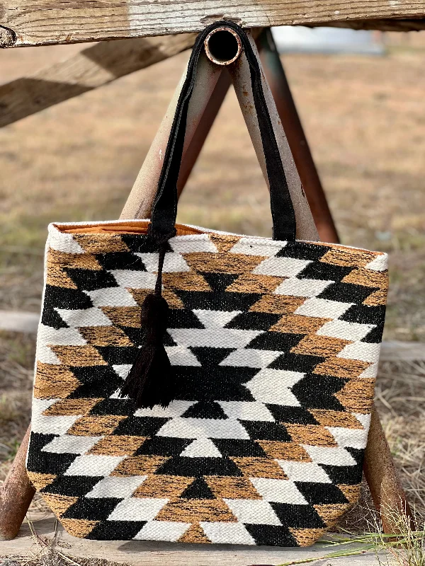 Brenda Black & Tan Woven Aztec Tote