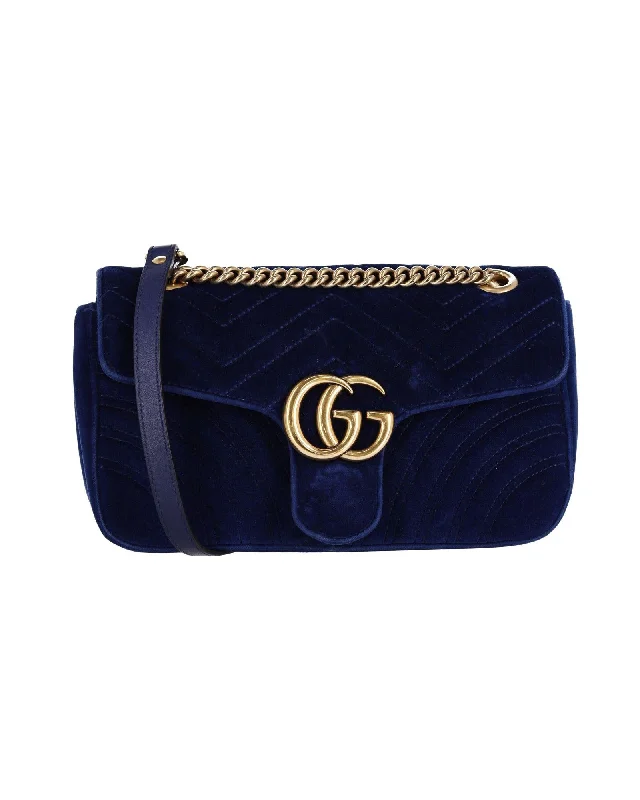 Blue Velvet Flap Bag with Gold-Tone Hardware