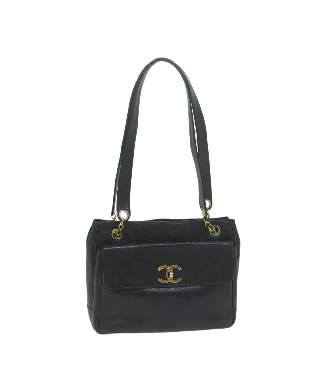 Black Caviar Skin Chain Shoulder Bag with Turn Lock