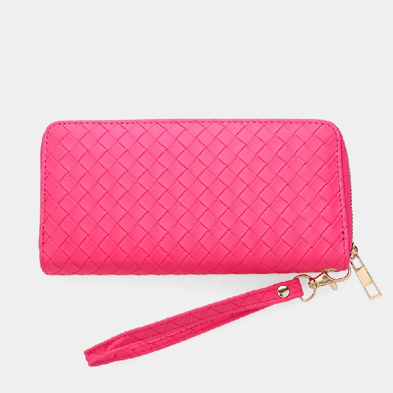 Vegan Leather Basket Weave Wallet with Wristlet in Fushcia