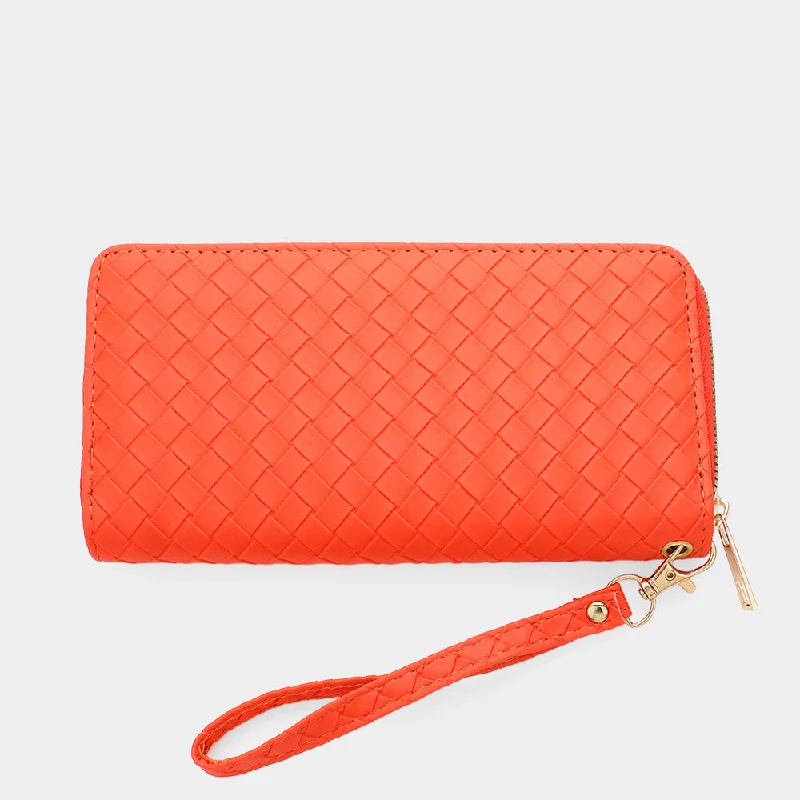 Vegan Leather Basket Weave Wallet with Wristlet in Orange