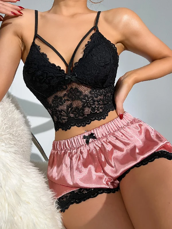 Floral Lace Bow Front Satin PJ Set