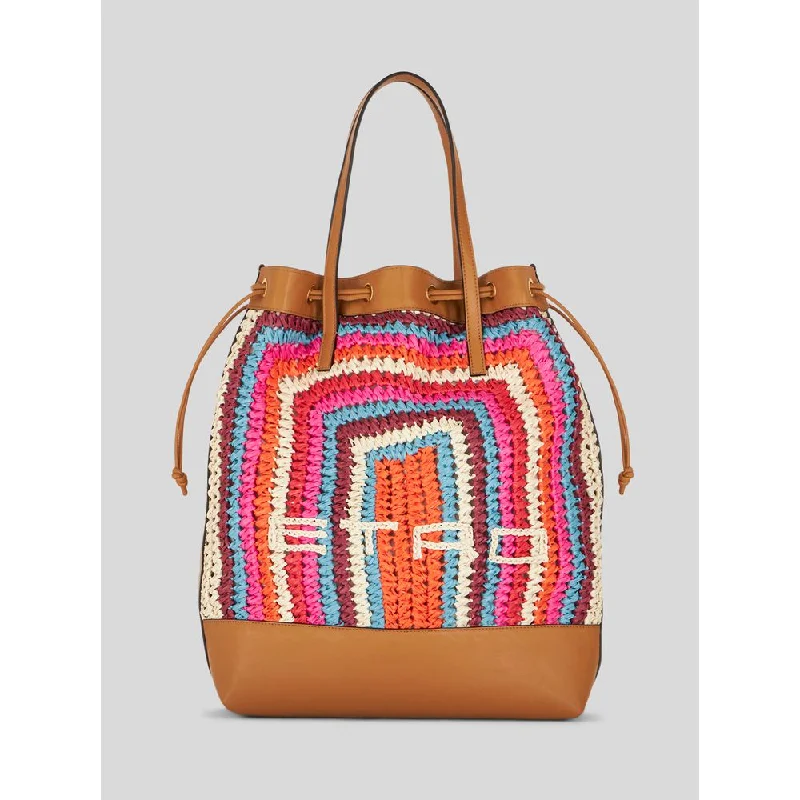 Large Multi-coloured Striped Raffia Bucket Bag