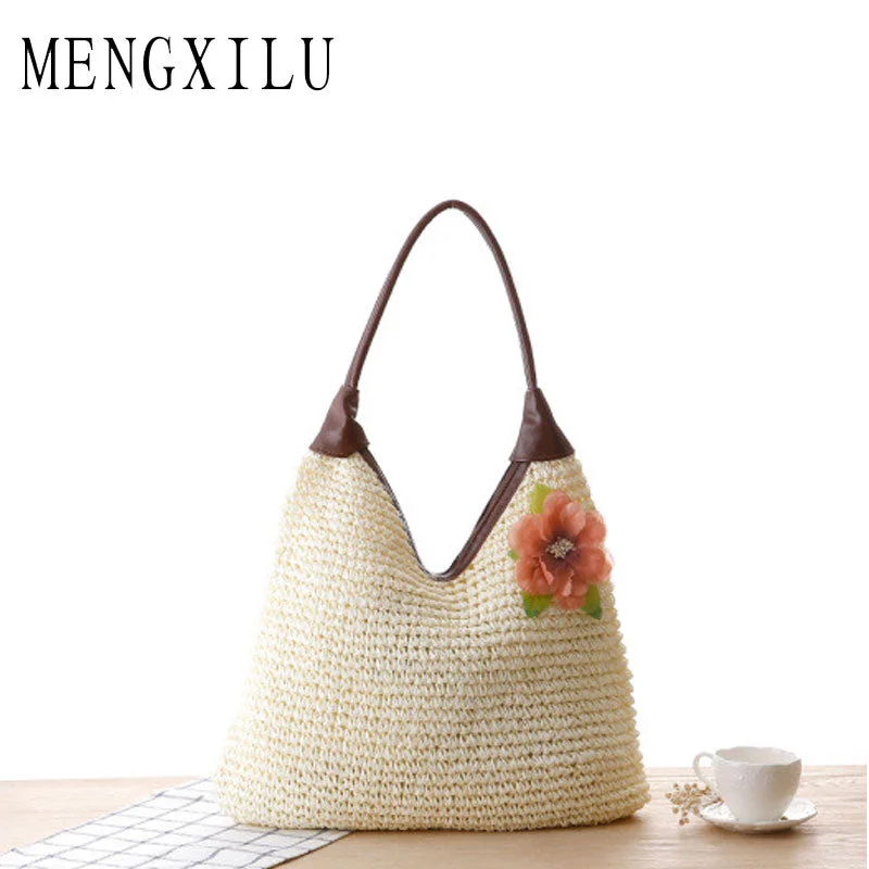 MENGXILI Japen&Korean Braided Straw Bags Handbags Women Famous Brands Flowers Lady Hobos Holiday Beach Women Bags Shoulder Bag