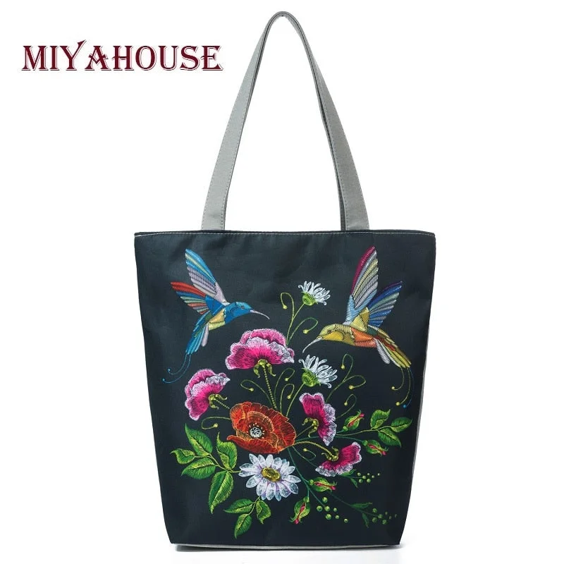 Miyahouse Colorful Floral And Bird Print Shoulder Bag Women Lmitation Embroidery Casual Tote Handbag Female Canvas Lady Handbag