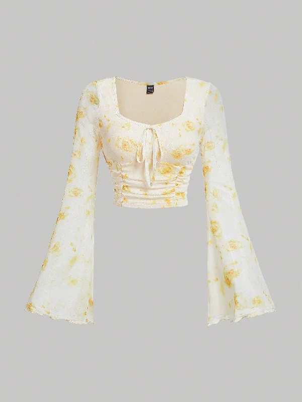 MOD Floral Print Ruffle Hem Bell Sleeve Top