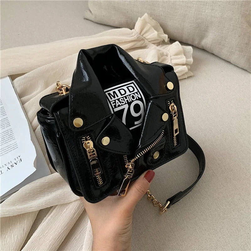 New European Brand Designer Chain Motorcycle Bags Women Clothing Shoulder Rivet Jacket Bags Messenger Bag Women Leather Handbags