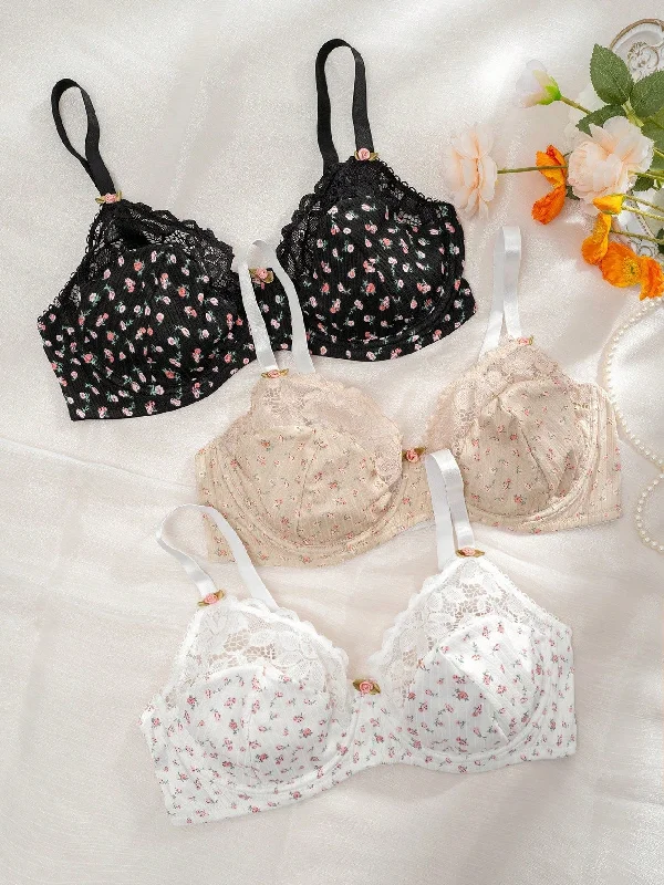 Plus 3pcs Ditsy Floral Print Contrast Lace Underwire Bra