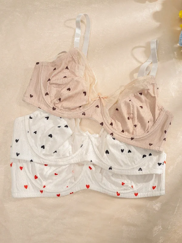 Plus 3pcs Heart Print Underwire Bra