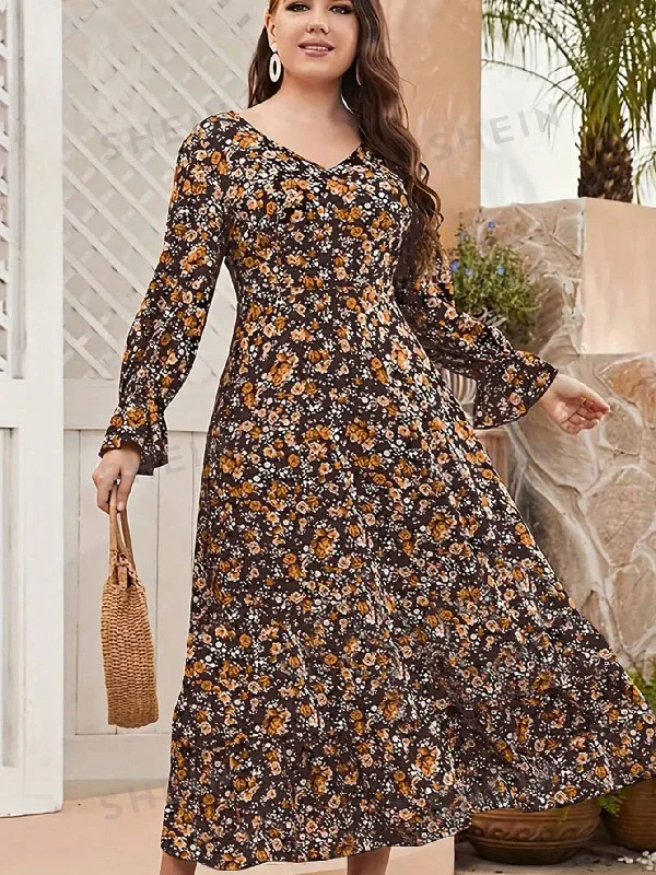 Plus Size V-neck Lotus Leaf Sleeve Long Sleeve Printed Dress