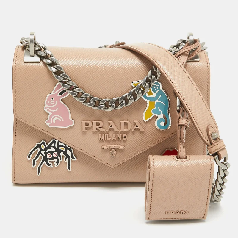 Prada Beige Saffiano Leather Small Monochrome Embellished Shoulder Bag