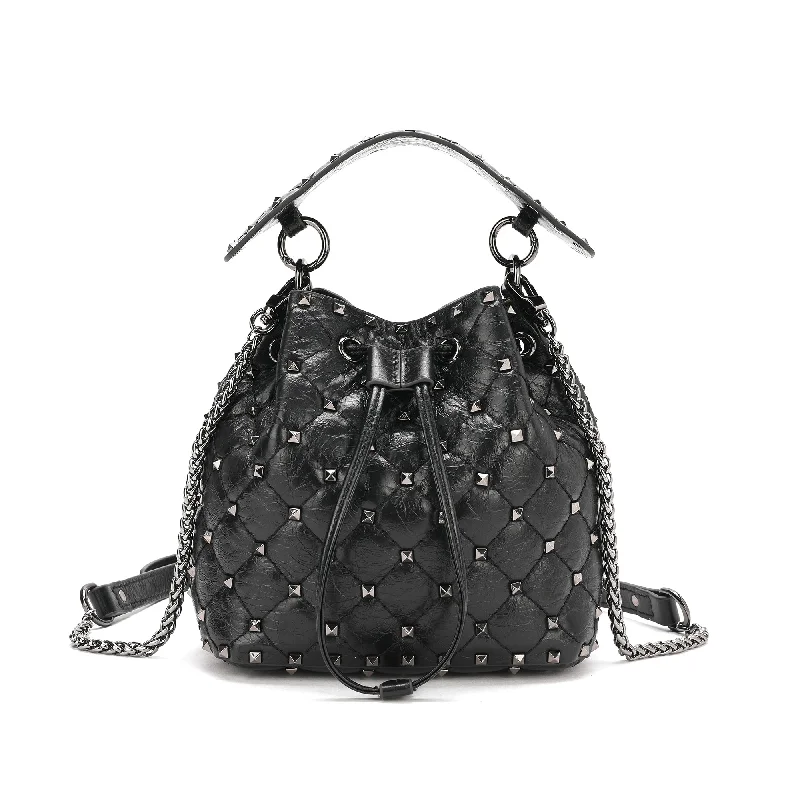 Quilted Studded Lambskin Drawstring Shoulder Bag